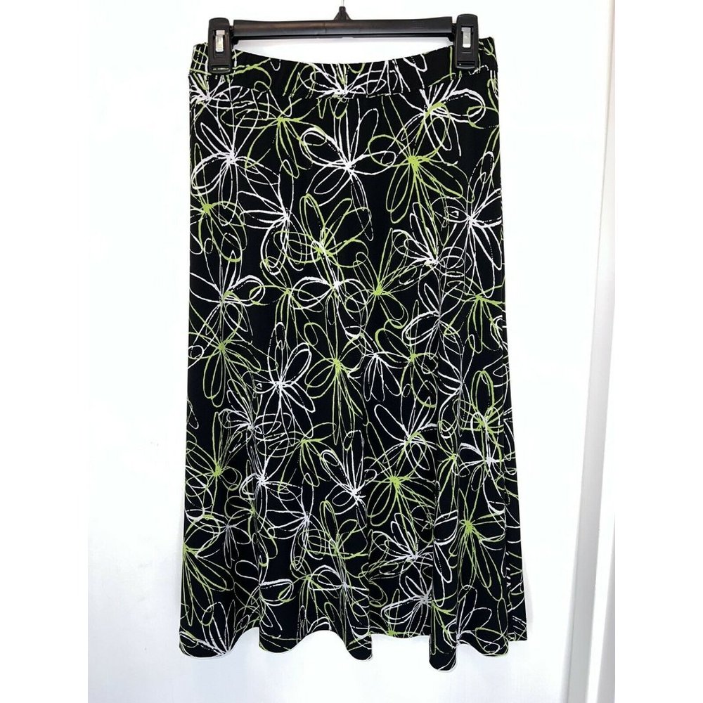 Laura Ashley Skirt Black & Green Flowers Stretch Elastic Waist Comfort